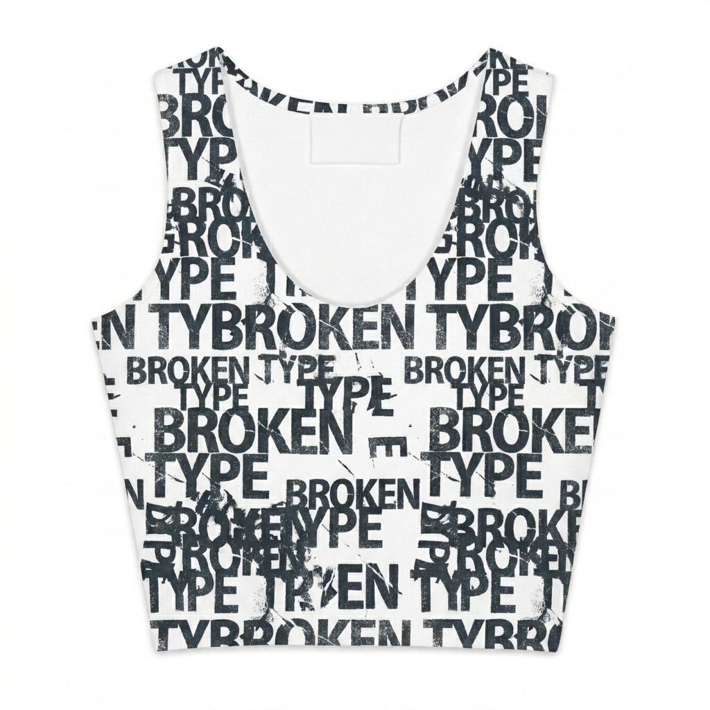 Custom Custom All-Over Print Cotton Crop Top design direction 3: Deconstructed Wordmark Repeat featuring the BROKEN TYPE wordmark