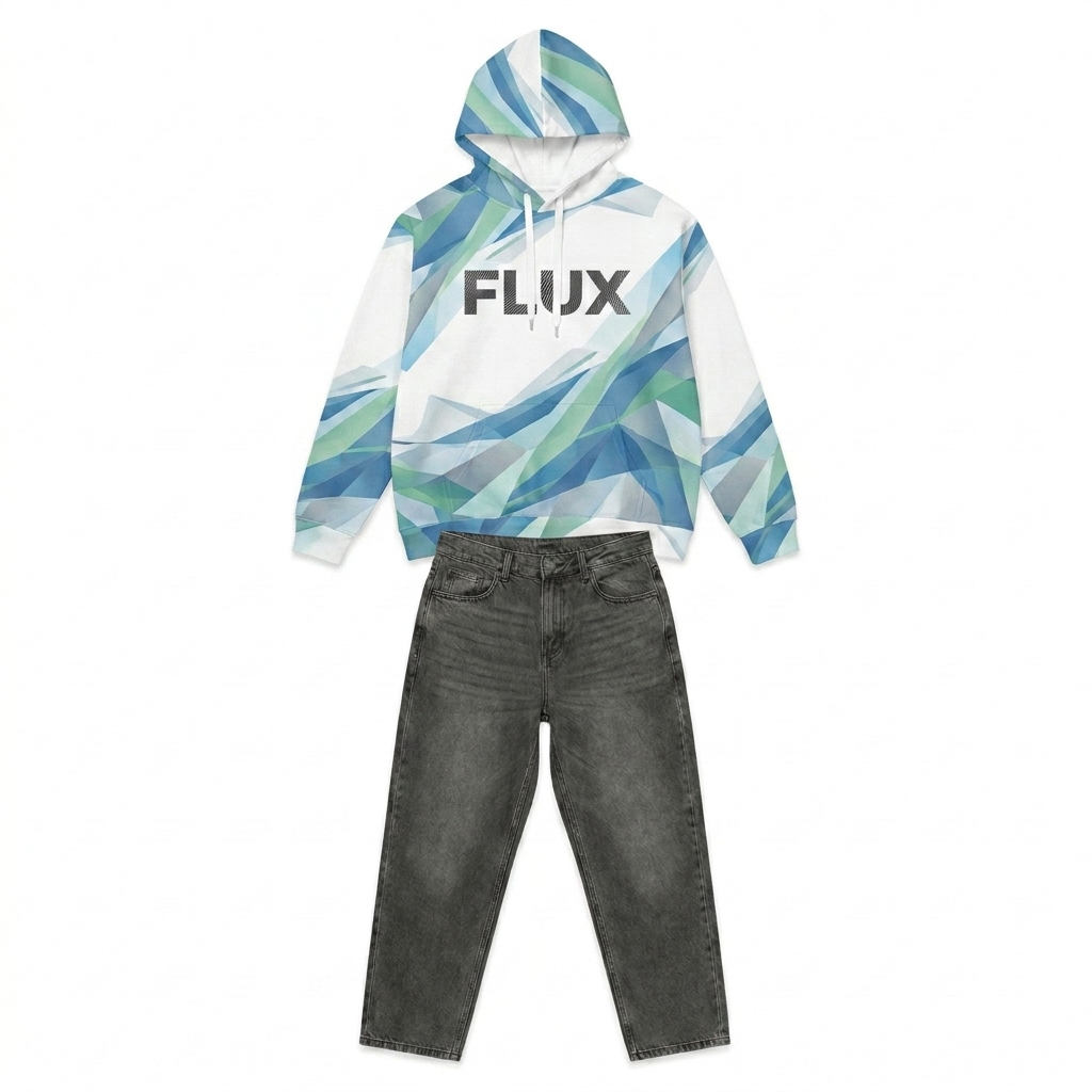 Custom All-Over Print Cotton Hoodie design direction 1: Abstract Geometric Flow featuring the FLUX wordmark