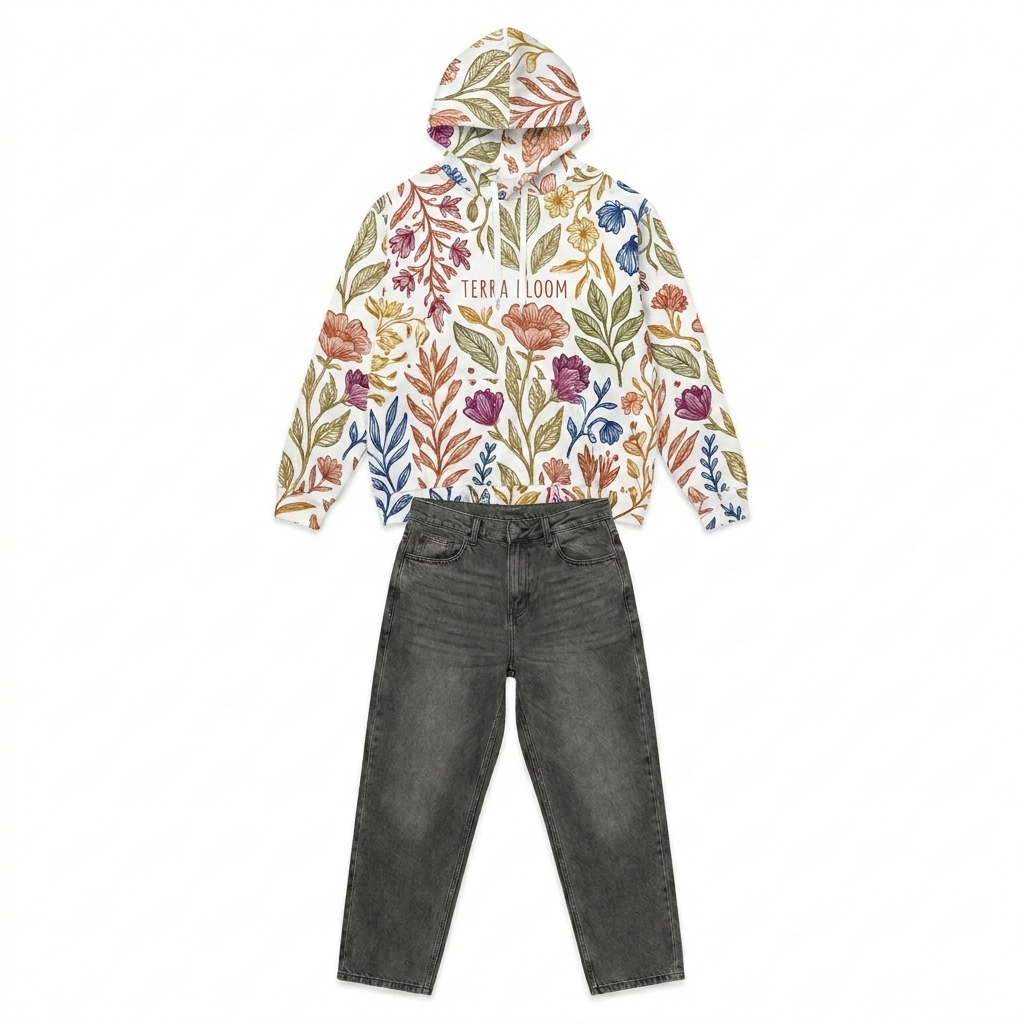 Custom All-Over Print Cotton Hoodie design direction 2: Vibrant Botanical Scene featuring the TERRA BLOOM wordmark