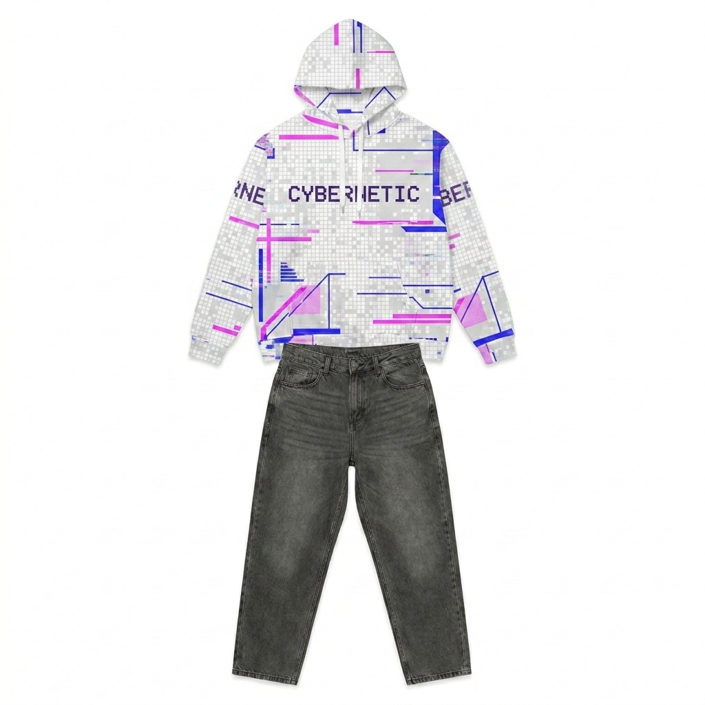 Custom All-Over Print Cotton Hoodie design direction 3: Retro Tech Grid featuring the CYBERNETIC wordmark