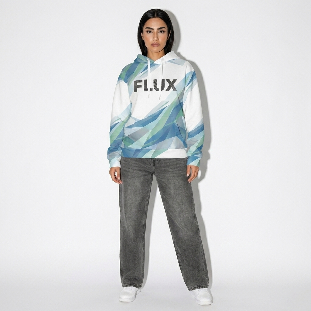 All-Over Print Cotton Hoodie worn by a petite Persian female fashion influencer, preppy ivy styling, studio lookbook — custom all-over print cotton hoodie