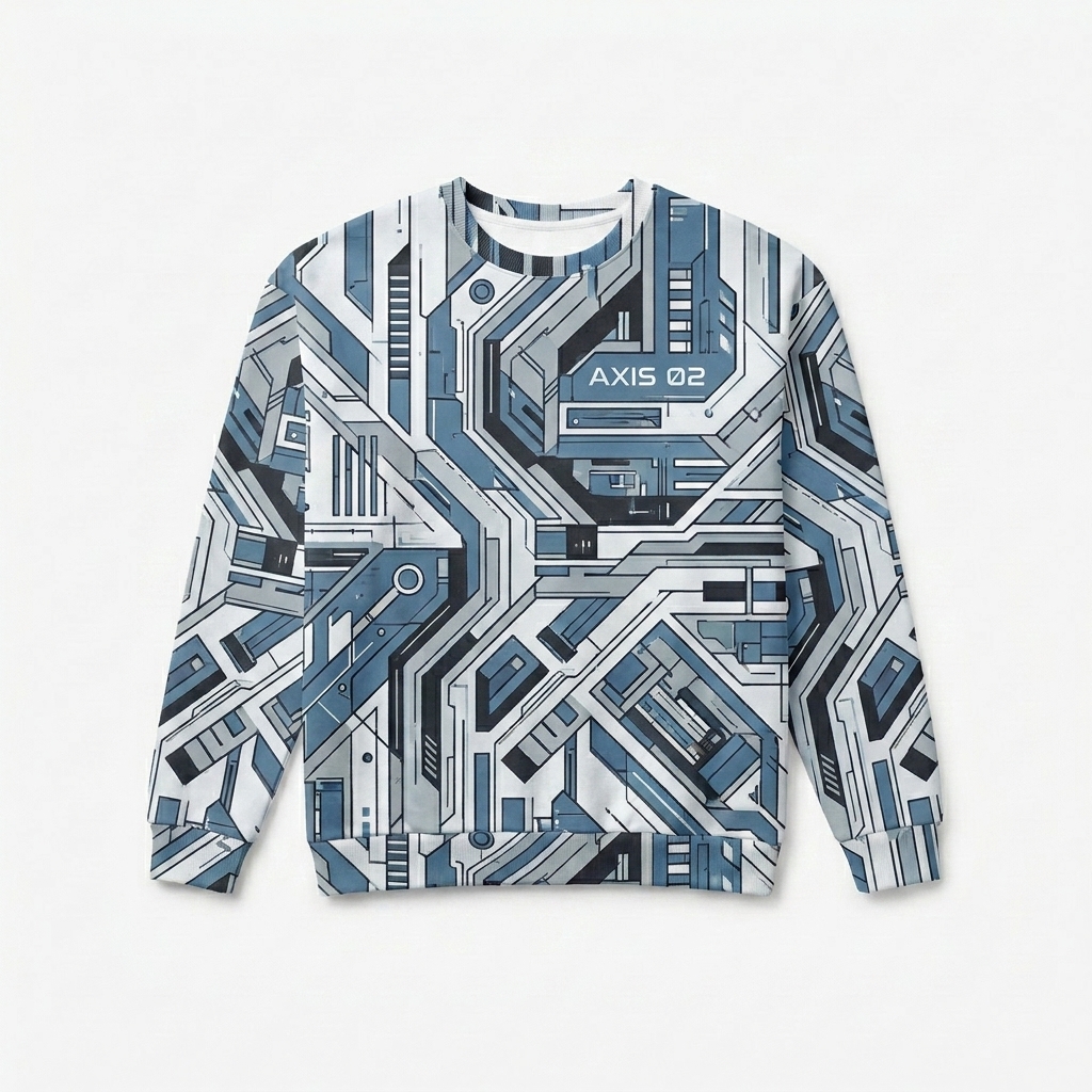 Custom All-Over Print Cotton Sweatshirt design direction 1: Abstract Geometric Flow featuring the AXIS 02 wordmark