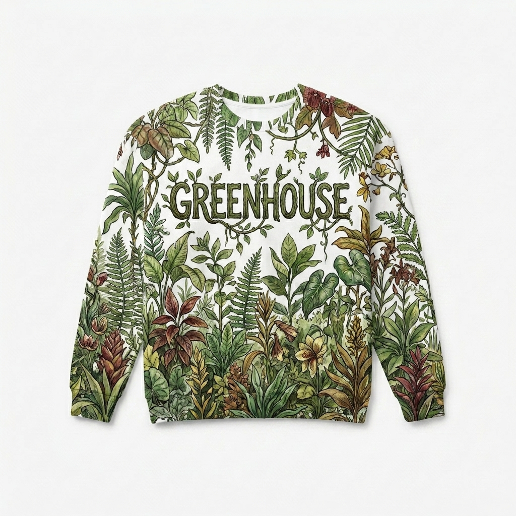 Custom All-Over Print Cotton Sweatshirt design direction 3: Botanical Line Art featuring the GREENHOUSE wordmark