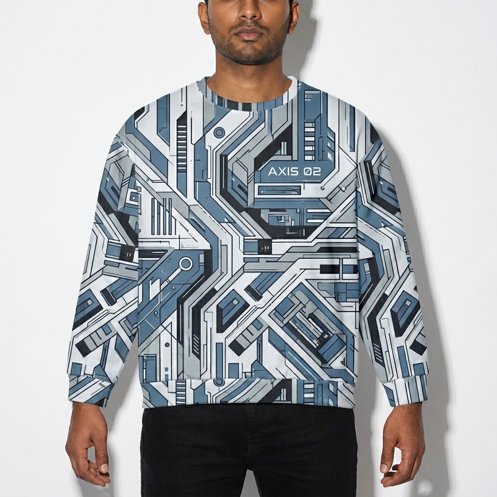 All-Over Print Cotton Sweatshirt worn by a mid-size South Asian male fashion influencer, gorpcore outdoor styling, studio lookbook — custom all-over print cotton sweatshirt