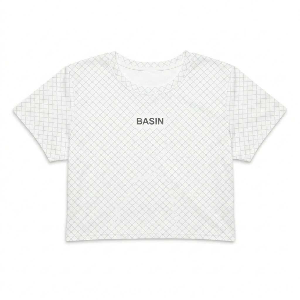 Custom All-Over Print Crop Tee design direction 1: Subtle Pattern Wordmark featuring the BASIN wordmark
