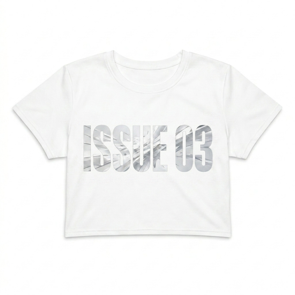 Custom All-Over Print Crop Tee design direction 3: Pixelated Glitch Art featuring the ISSUE 03 wordmark