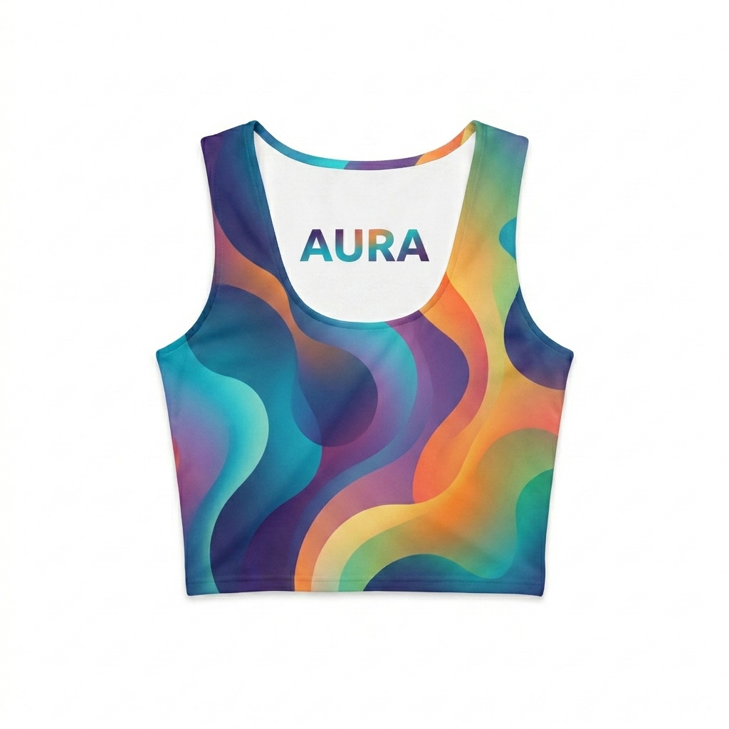 Custom All-Over Print Crop Top design direction 1: Abstract Organic Flow featuring the AURA wordmark