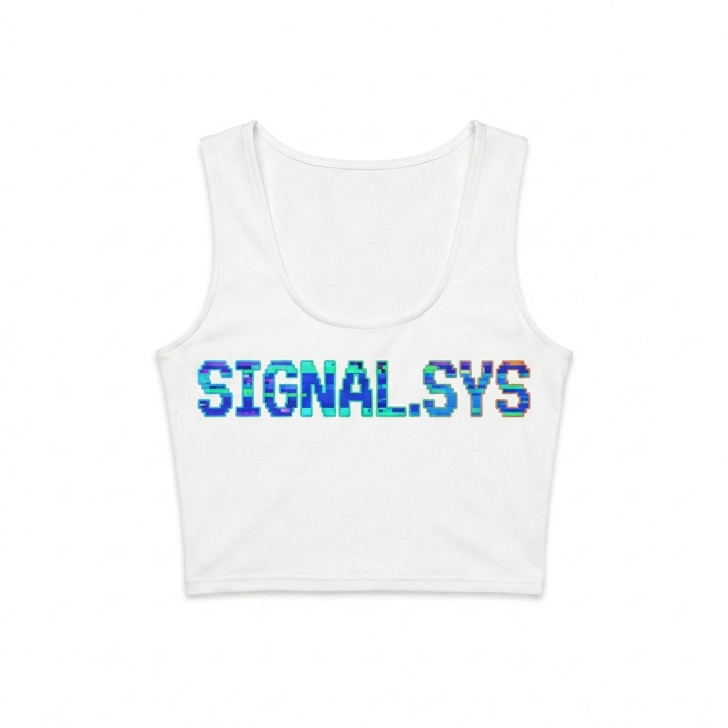 Custom All-Over Print Crop Top design direction 2: Y2K Glitch Wordmark featuring the SIGNAL.SYS wordmark