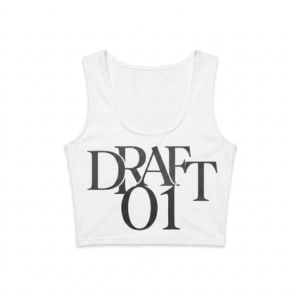 Custom All-Over Print Crop Top design direction 3: Deconstructed Typography featuring the DRAFT 01 wordmark
