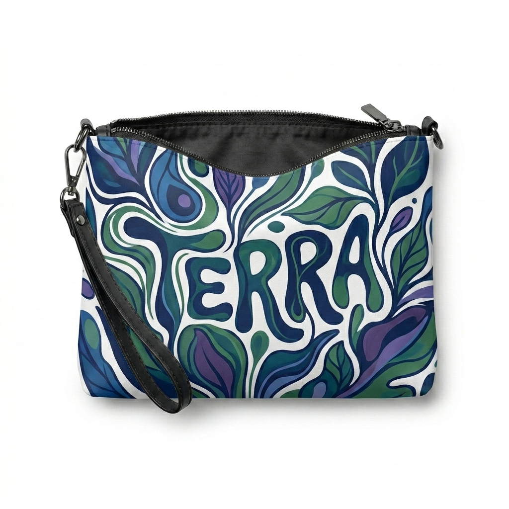 Custom All-Over Print Crossbody Bag design direction 2: Abstract Botanical Print featuring the TERRA wordmark