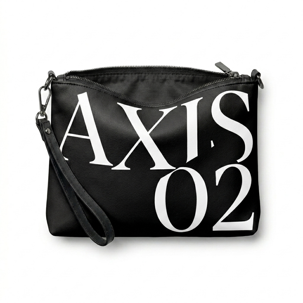 Custom All-Over Print Crossbody Bag design direction 3: Deconstructed Text Overlay featuring the AXIS 02 wordmark