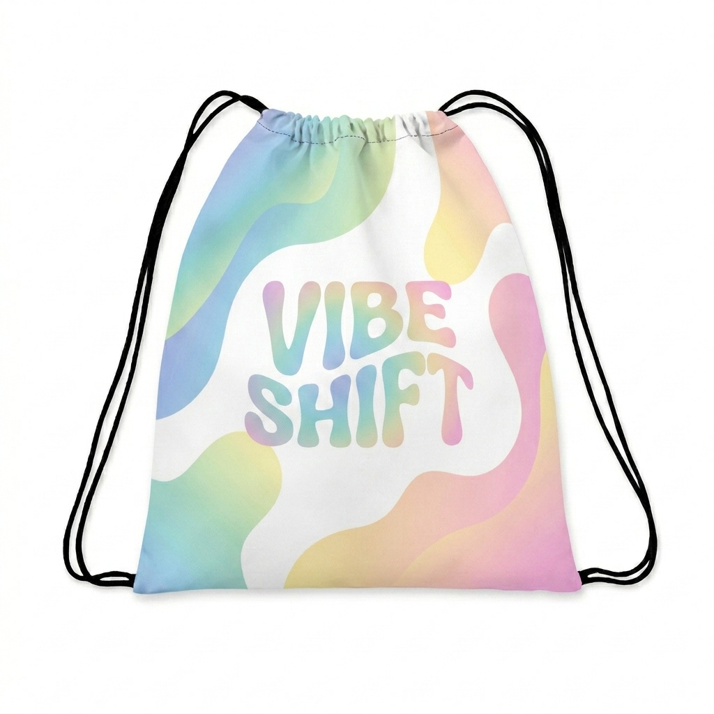 Custom All-Over Print Drawstring Bag design direction 2: Psychedelic Gradient Flow featuring the VIBE SHIFT wordmark