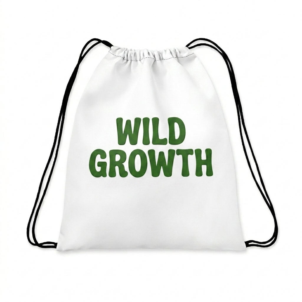 Custom All-Over Print Drawstring Bag design direction 3: Abstract Botanical Illustration featuring the WILD GROWTH wordmark
