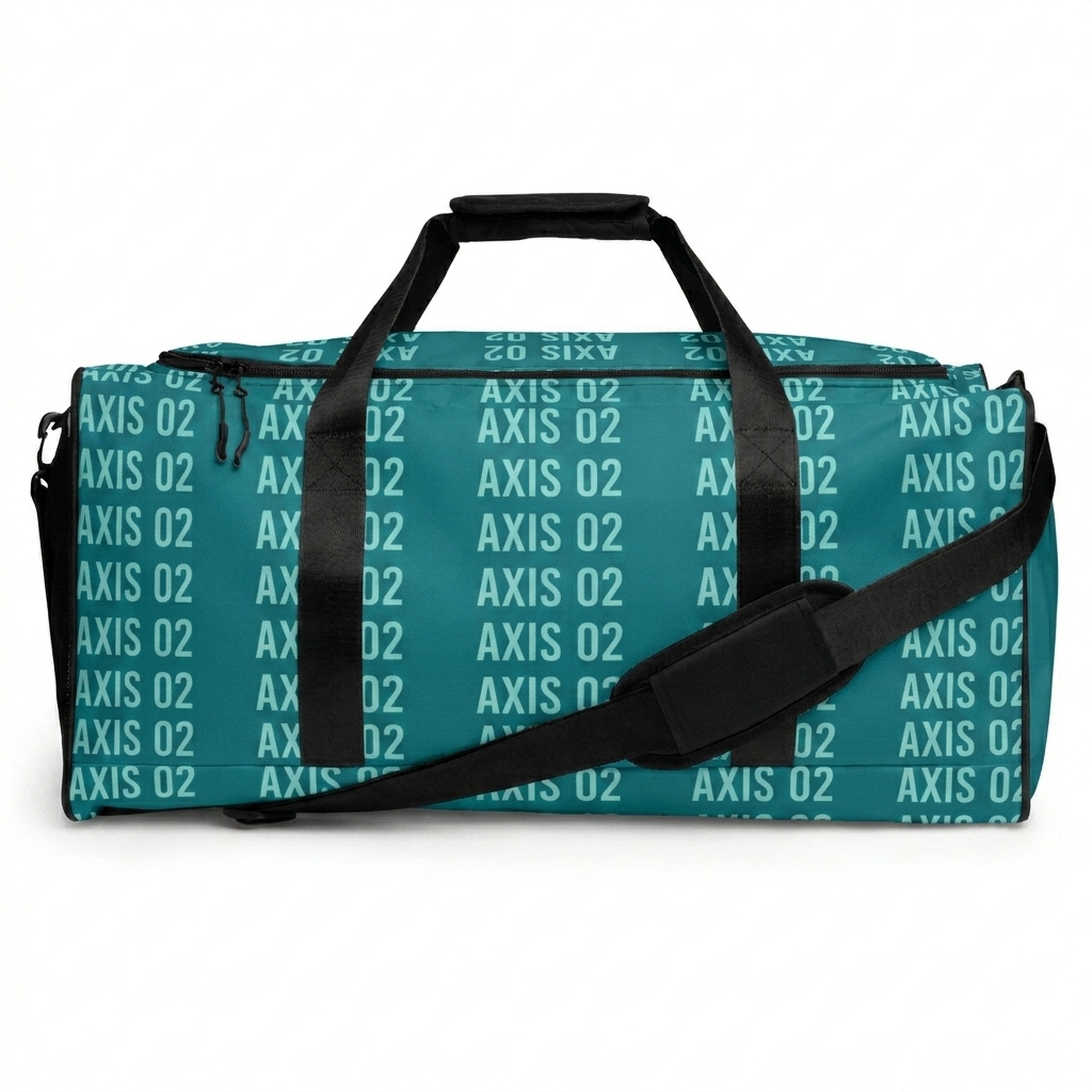 Custom All-Over Print Duffle Bag design direction 1: Geometric Gradient featuring the AXIS 02 wordmark