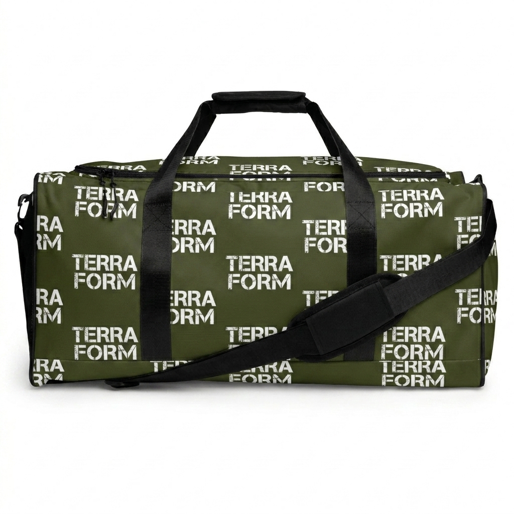 Custom All-Over Print Duffle Bag design direction 2: Abstract Topography featuring the TERRA FORM wordmark