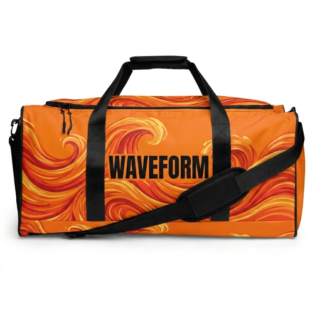 Custom All-Over Print Duffle Bag design direction 3: Retro Wave Pattern featuring the WAVEFORM wordmark