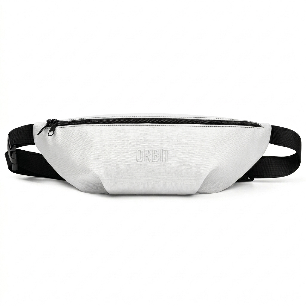 Custom All-Over Print Fanny Pack design direction 1: Tonal Minimalist Wordmark featuring the ORBIT wordmark