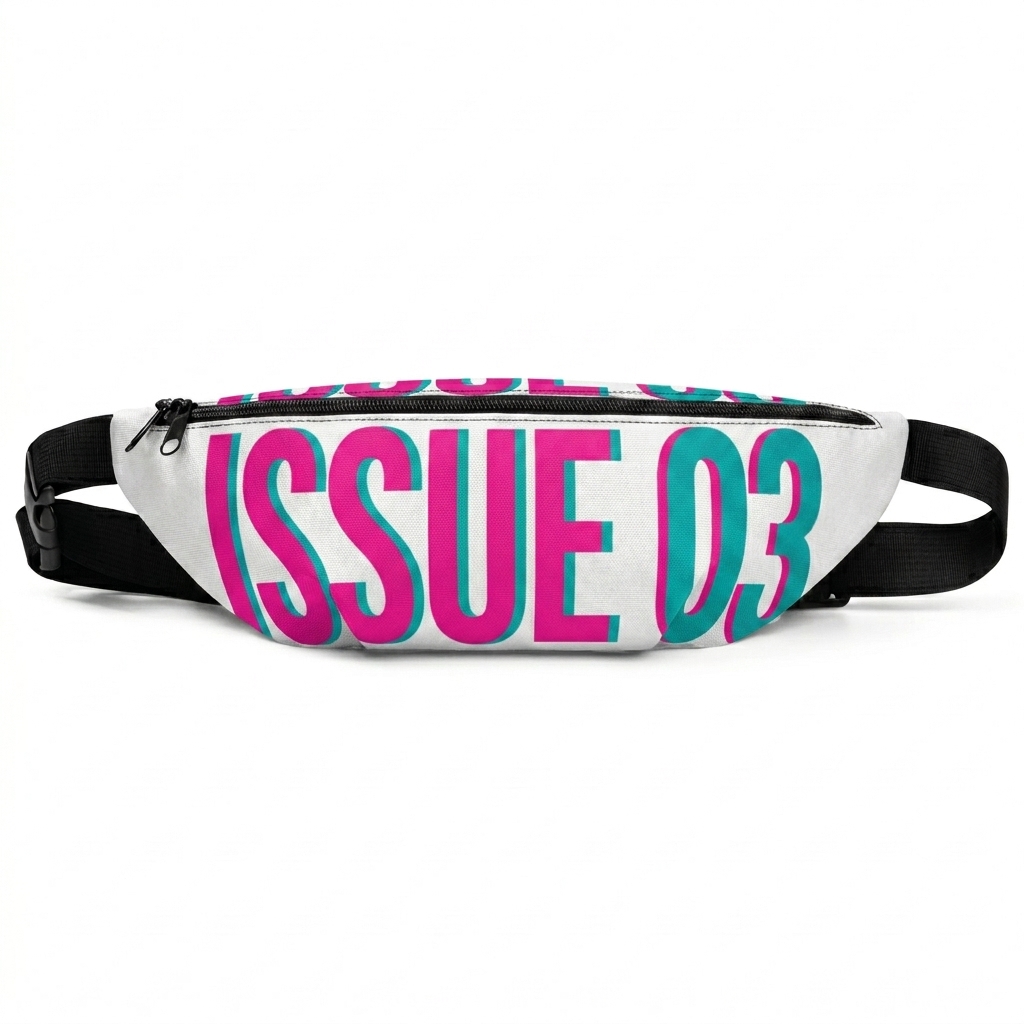 Custom All-Over Print Fanny Pack design direction 3: Typography Experiment featuring the ISSUE 03 wordmark