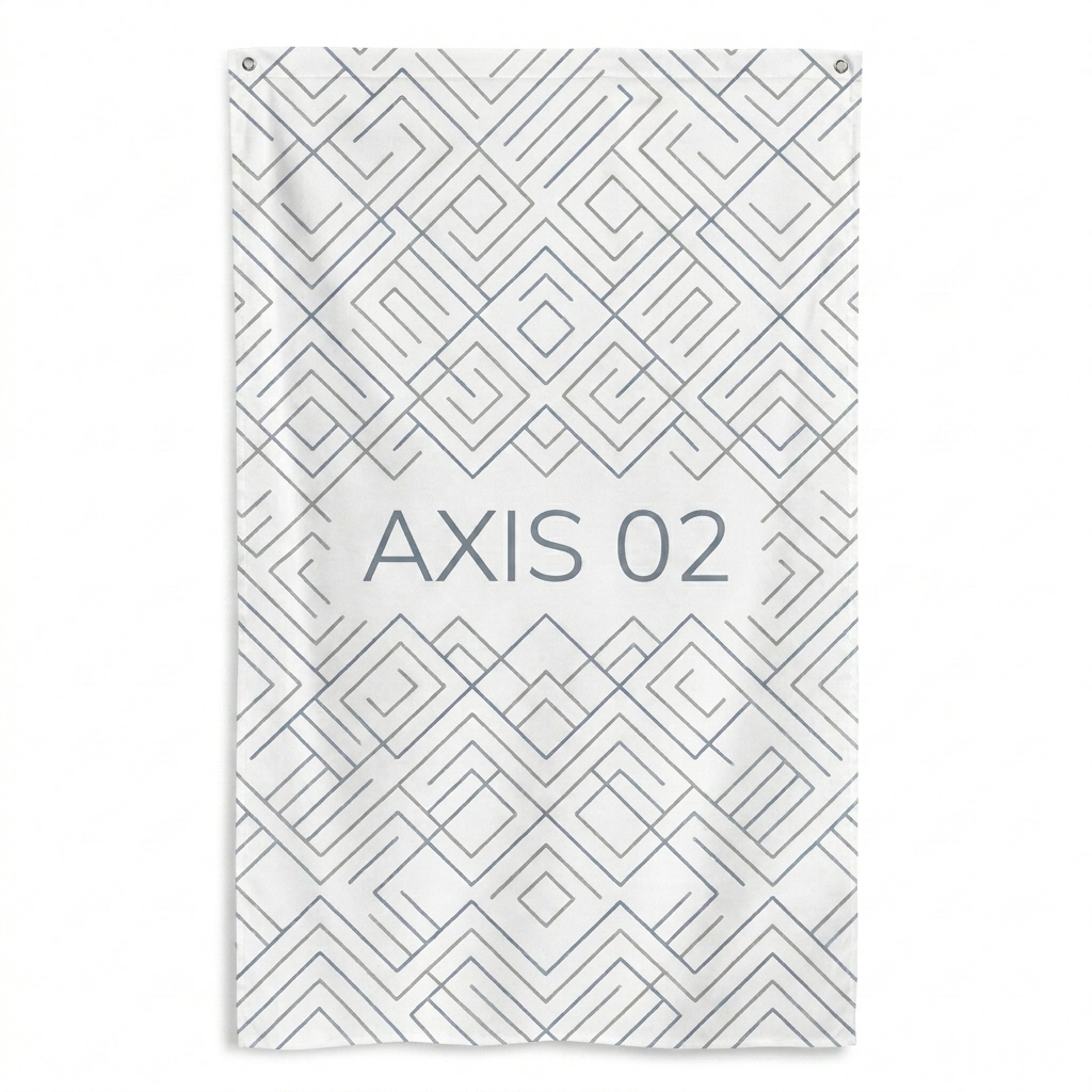 Custom All-Over Print Flag design direction 1: Minimalist Geometric Pattern featuring the AXIS 02 wordmark