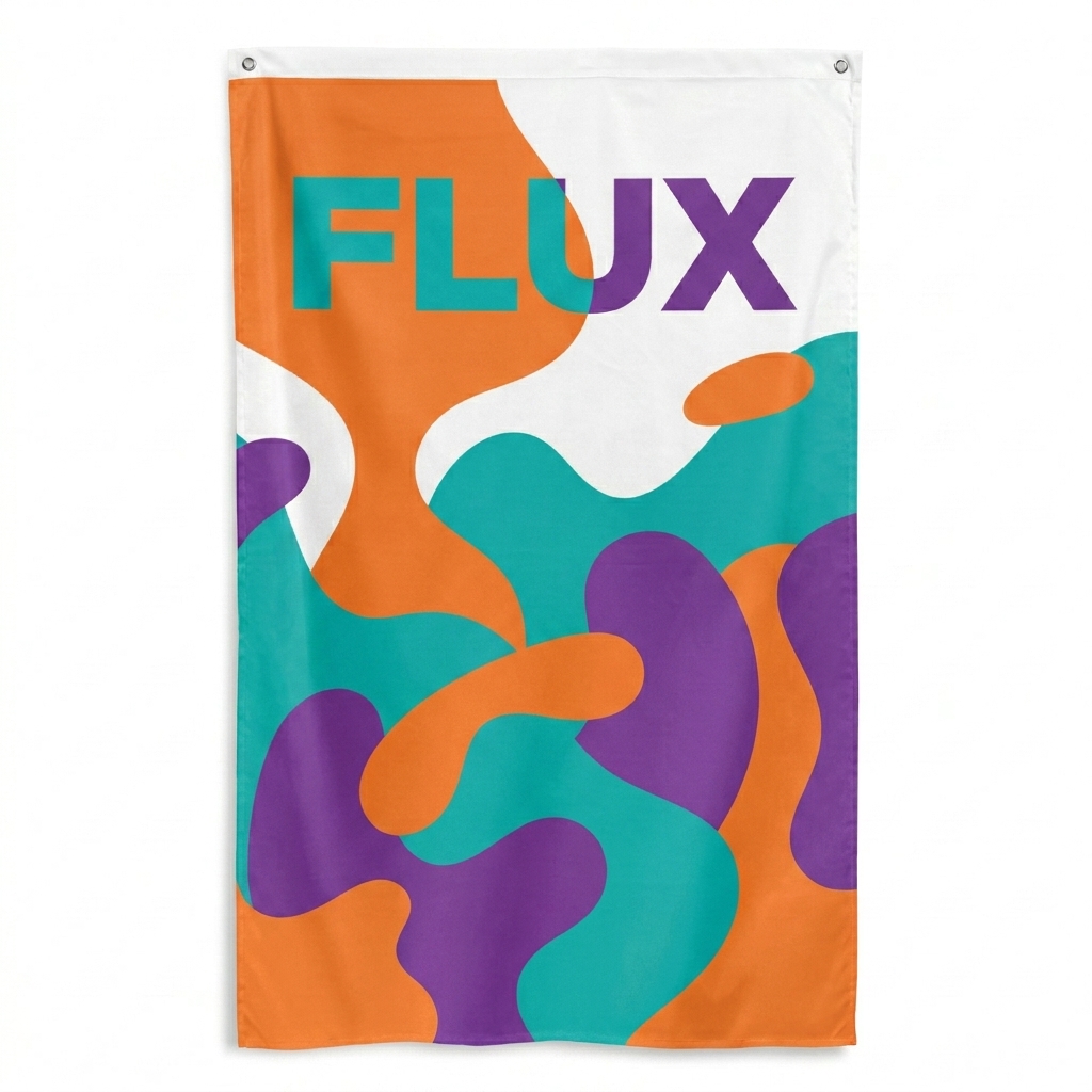Custom All-Over Print Flag design direction 2: Bold Abstract Illustration featuring the FLUX wordmark