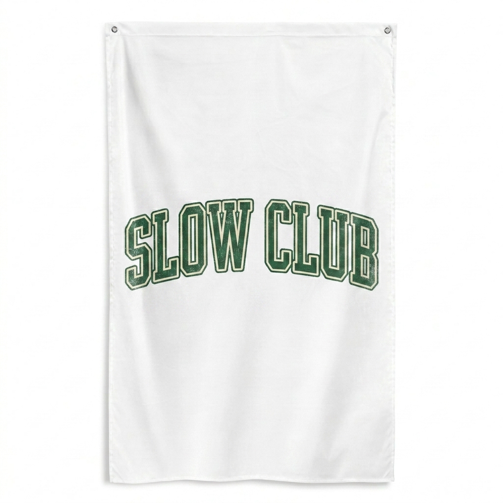 Custom All-Over Print Flag design direction 3: Retro Collegiate Wordmark featuring the SLOW CLUB wordmark