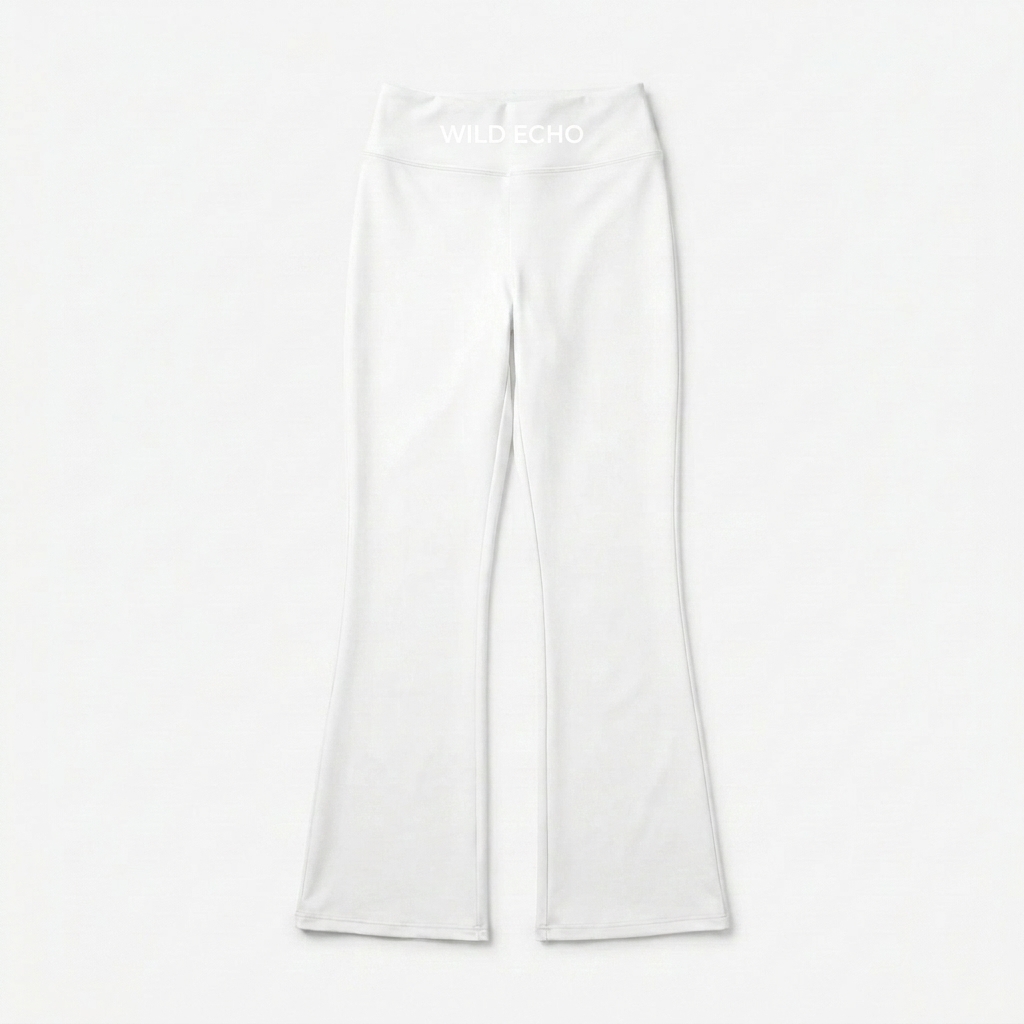 Custom All-Over Print Flare Leggings design direction 2: Tropical Bloom Print featuring the WILD ECHO wordmark