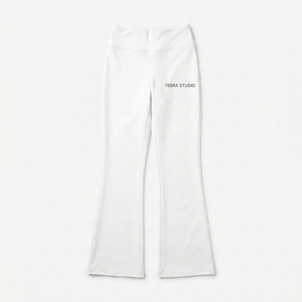 Custom All-Over Print Flare Leggings design direction 3: Desert Gradient All-Over featuring the TERRA STUDIO wordmark