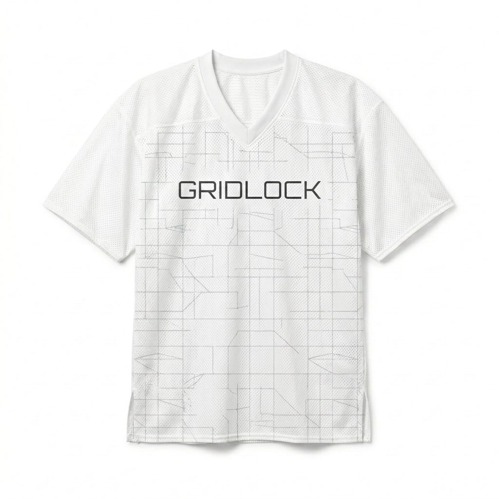Custom All-Over Print Football Jersey design direction 1: Abstract Grid Repeat featuring the GRIDLOCK wordmark