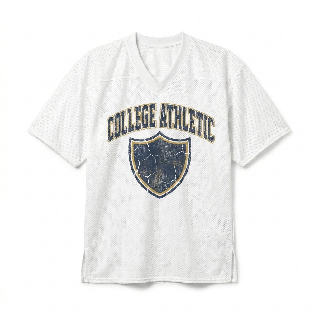 Custom All-Over Print Football Jersey design direction 2: Retro Varsity Emblem featuring the COLLEGE ATHLETIC wordmark