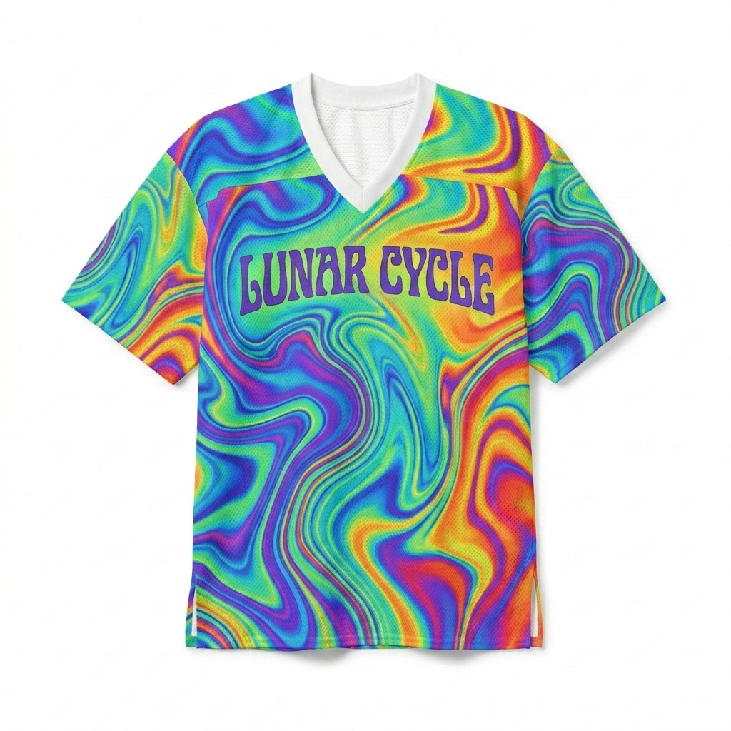 Custom All-Over Print Football Jersey design direction 3: Psychedelic Flow Pattern featuring the LUNAR CYCLE wordmark