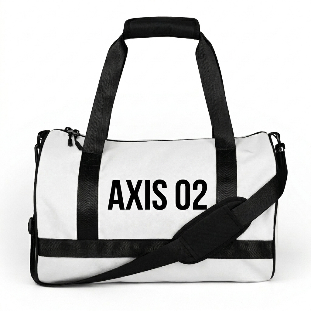 Custom All-Over Print Gym Bag design direction 1: Abstract Geometric Pattern featuring the AXIS 02 wordmark