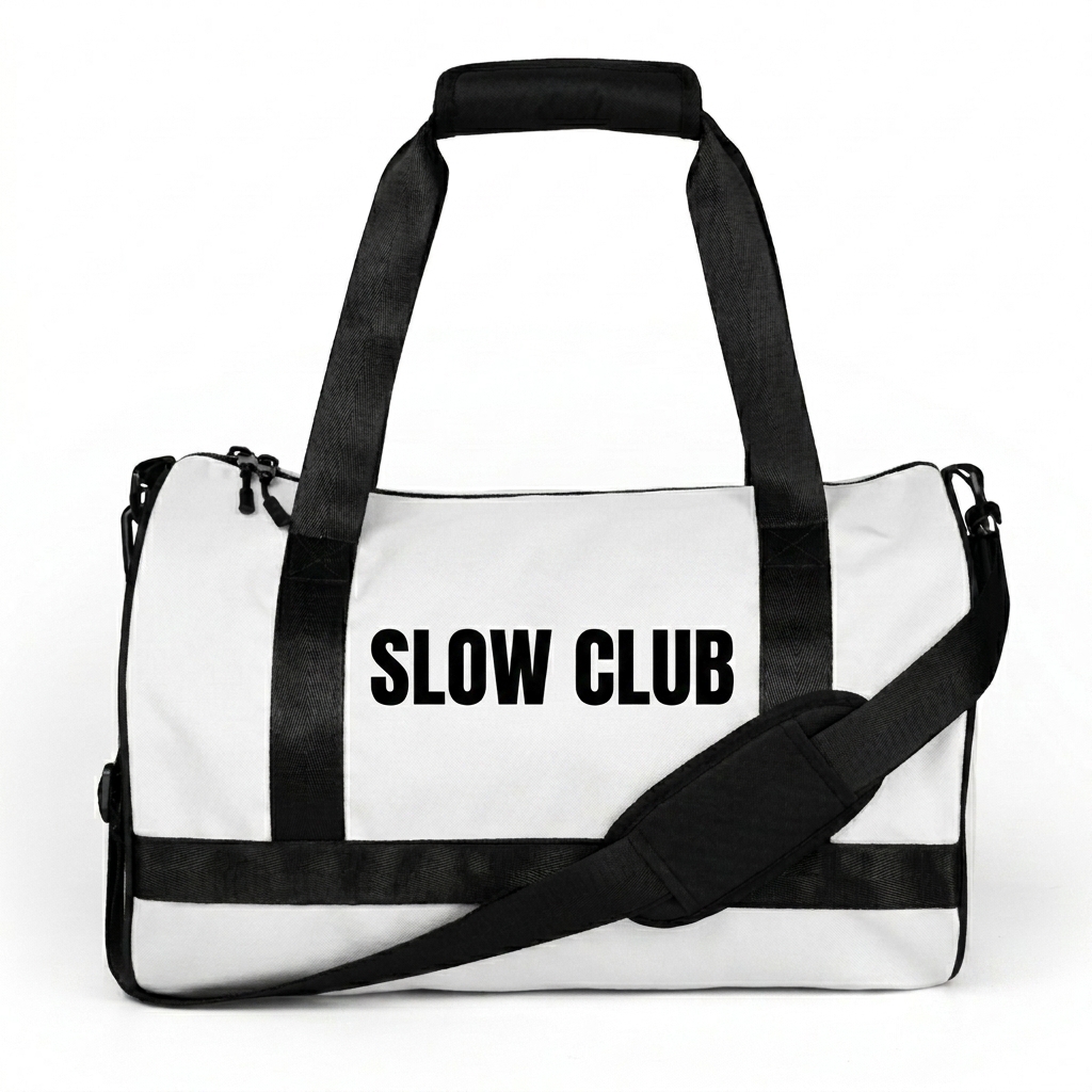 Custom All-Over Print Gym Bag design direction 3: Retro Collegiate Wordmark featuring the SLOW CLUB wordmark