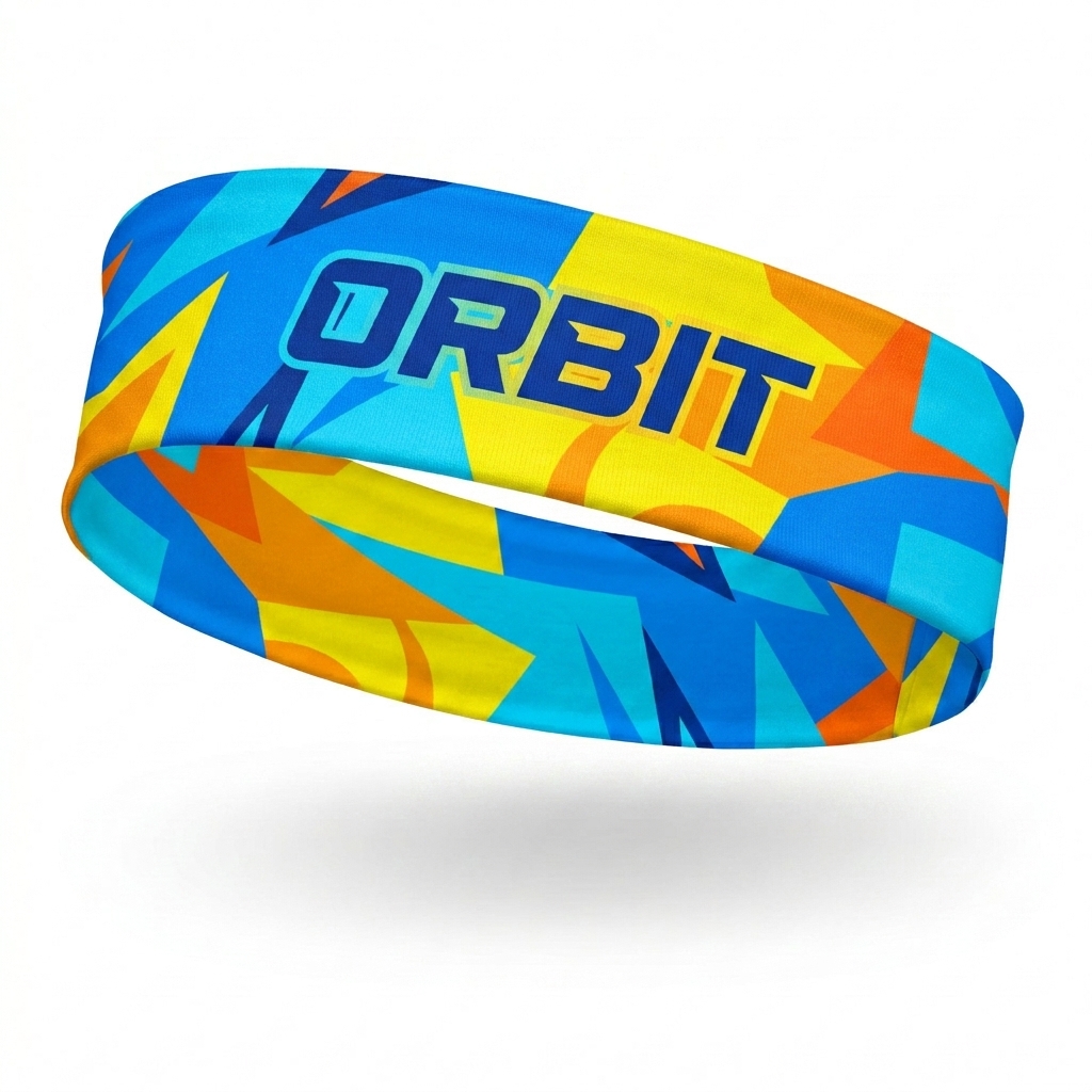 Custom All-Over Print Headband design direction 2: Bold Abstract Geometric featuring the ORBIT wordmark