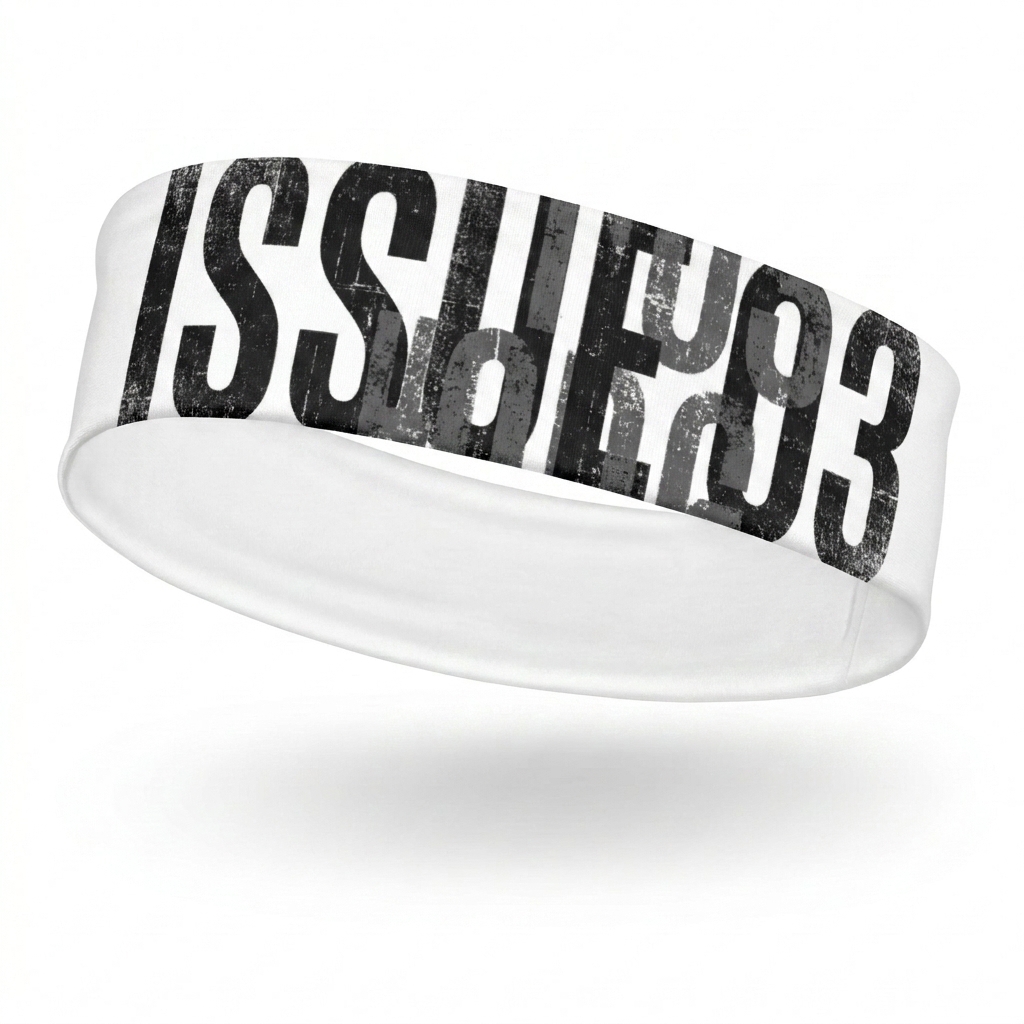 Custom All-Over Print Headband design direction 3: Distorted Typography Experiment featuring the ISSUE 03 wordmark