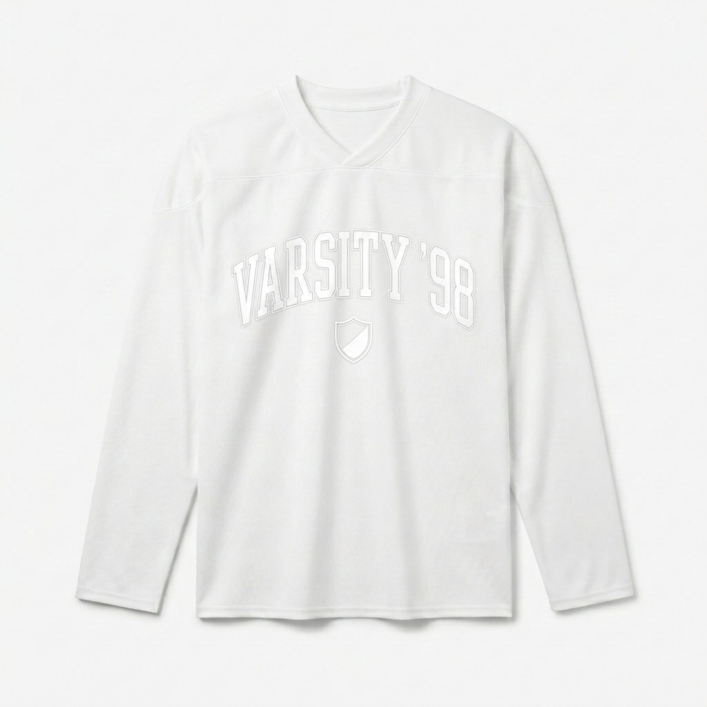 Custom All-Over Print Hockey Jersey design direction 1: Retro Collegiate Wordmark featuring the VARSITY '98 wordmark