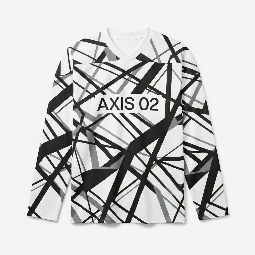 Custom All-Over Print Hockey Jersey design direction 2: Abstract Geometric Pattern featuring the AXIS 02 wordmark