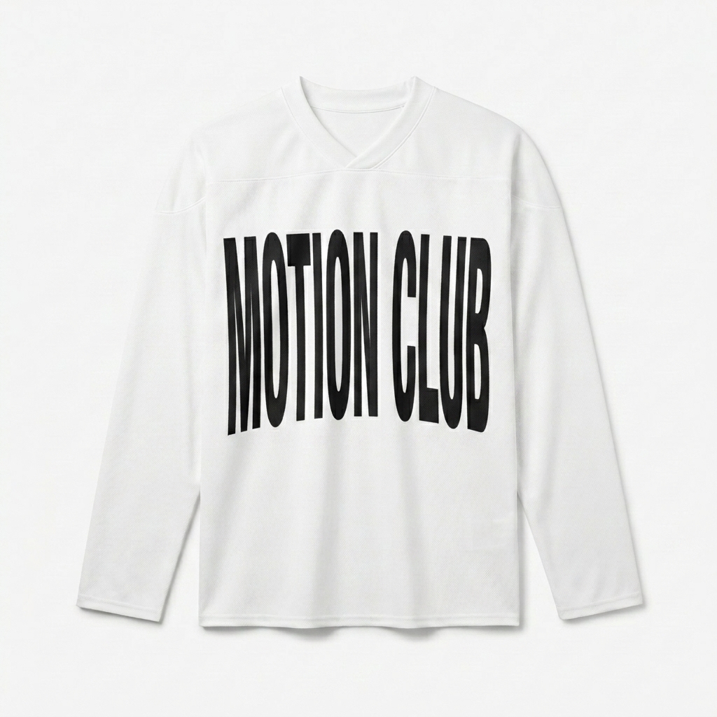 Custom All-Over Print Hockey Jersey design direction 3: Distorted Typography Experiment featuring the MOTION CLUB wordmark