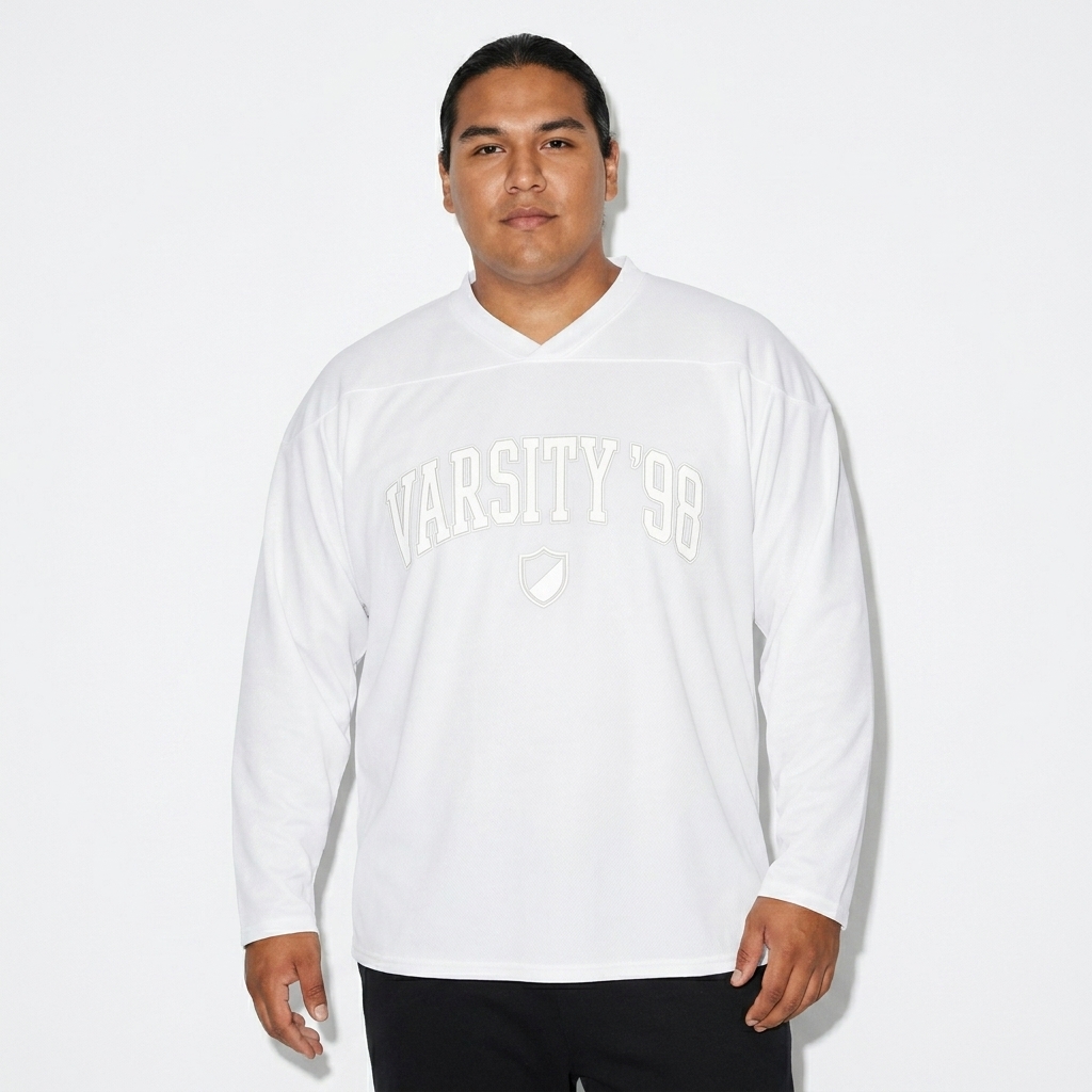 All-Over Print Hockey Jersey worn by a curvy Indigenous American male fashion influencer, y2k revival styling, studio lookbook — custom all-over print hockey jersey