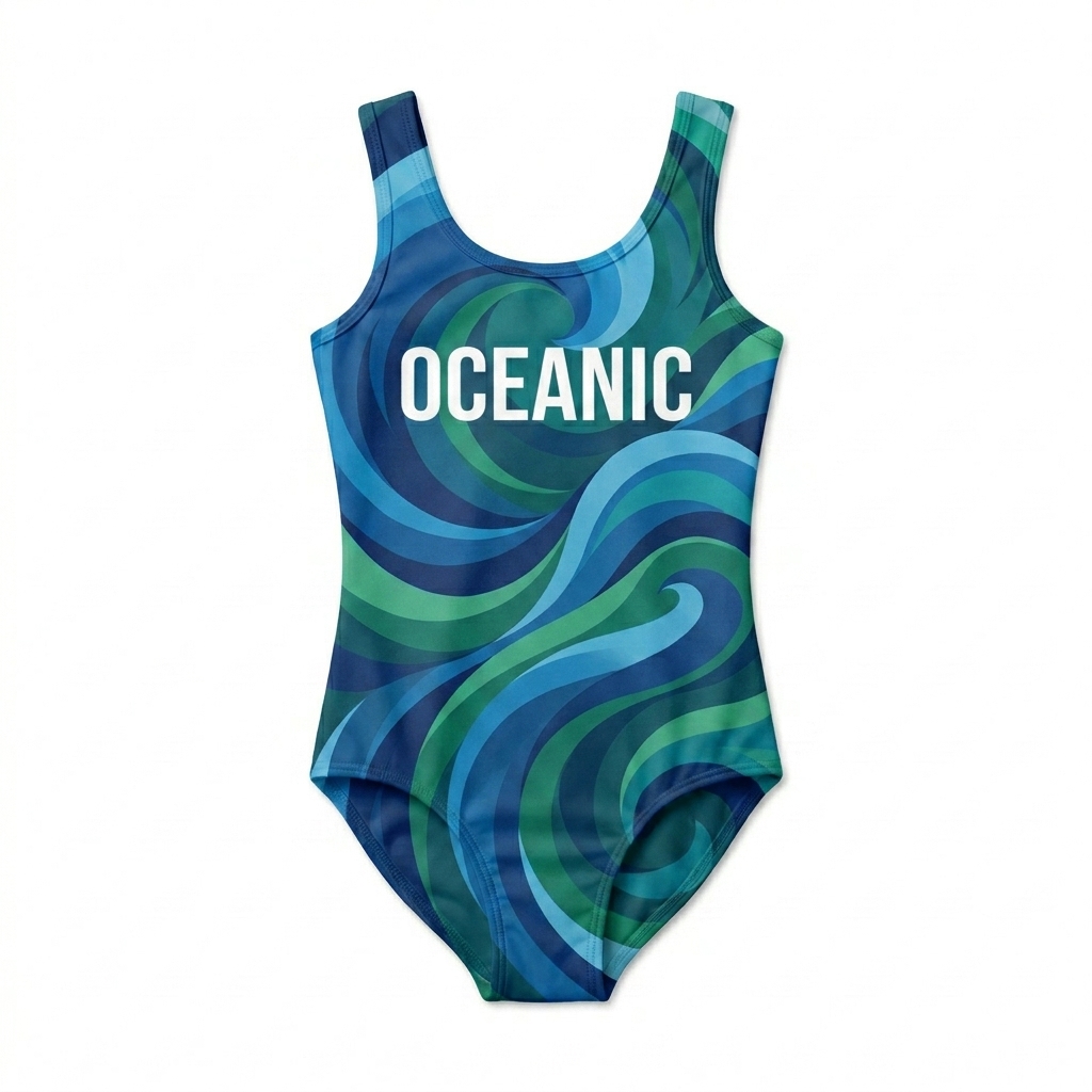 Custom All-Over Print Kids Swimsuit design direction 1: Abstract Wave featuring the OCEANIC wordmark
