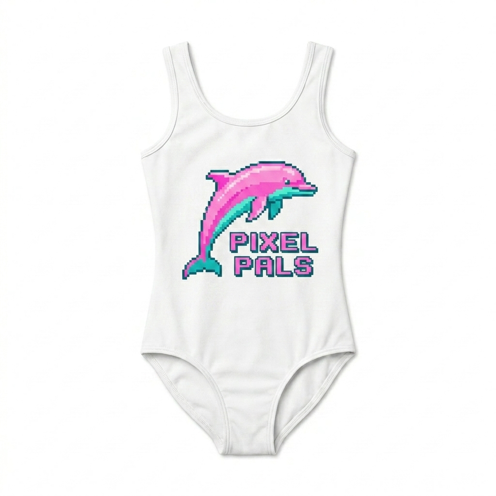 Custom All-Over Print Kids Swimsuit design direction 2: Pixelated Dolphins featuring the PIXEL PALS wordmark