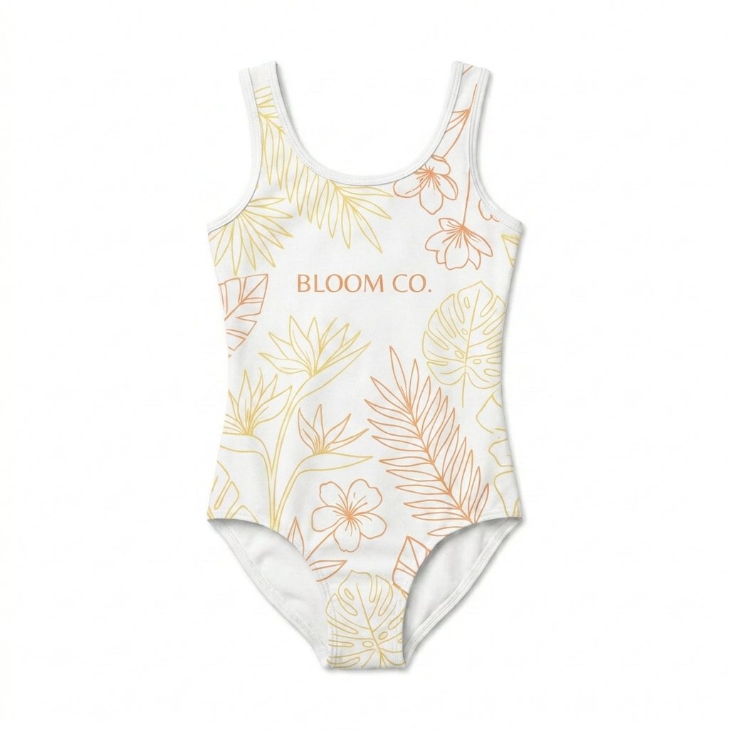 Custom All-Over Print Kids Swimsuit design direction 3: Tropical Line Art featuring the BLOOM CO. wordmark