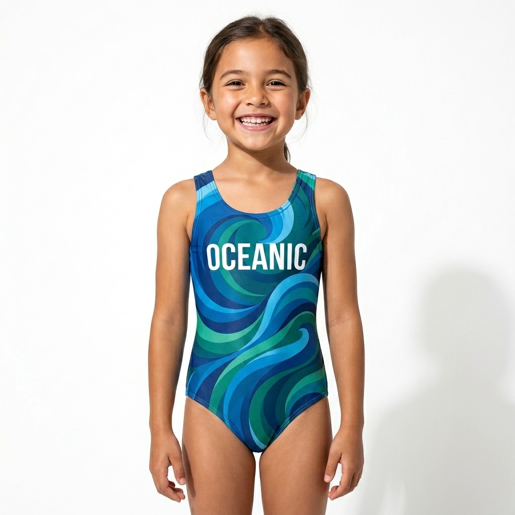 All-Over Print Kids Swimsuit worn by a child, studio lookbook — custom all-over print kids swimsuit