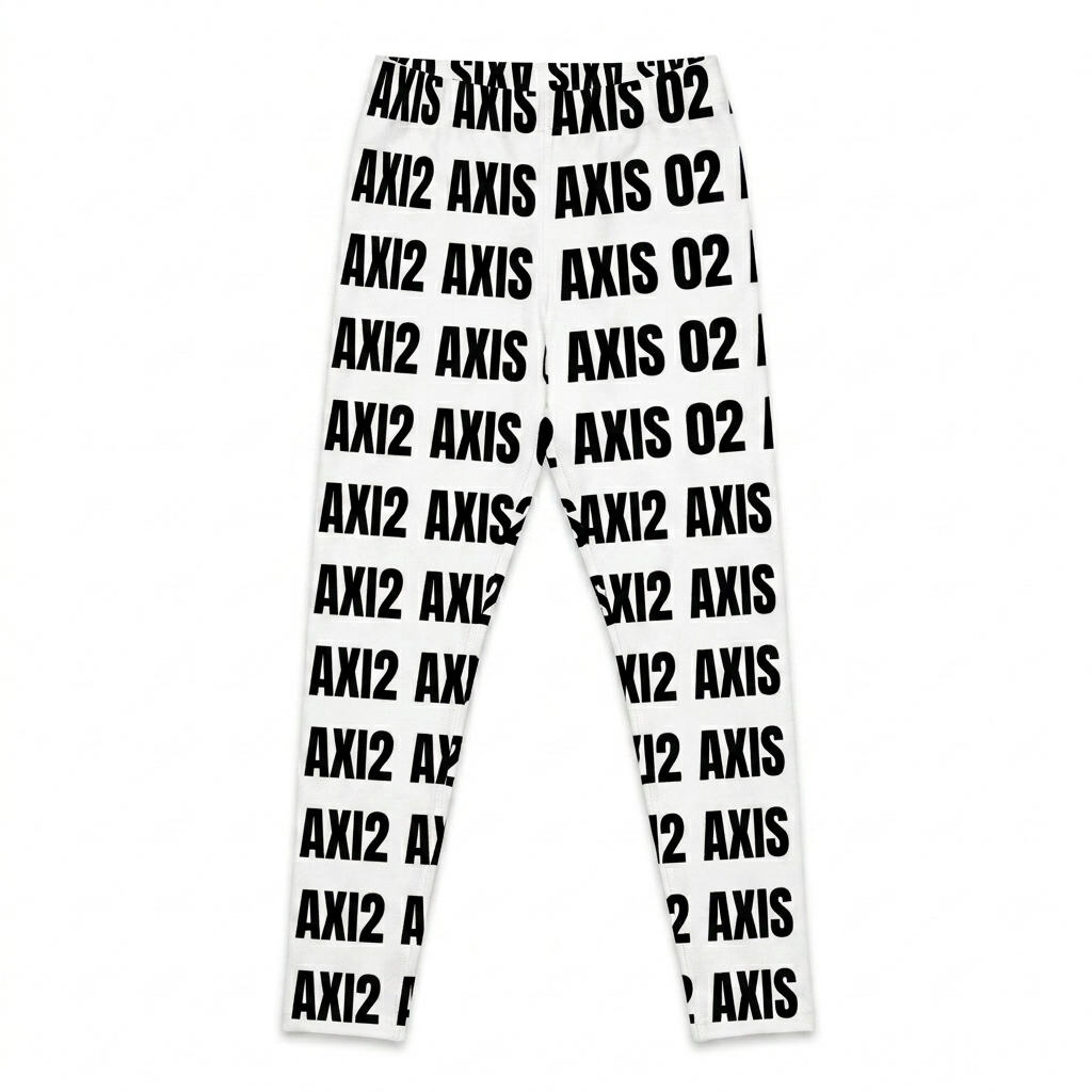 Custom All-Over Print Leggings design direction 1: Abstract Geometric Flow featuring the AXIS 02 wordmark