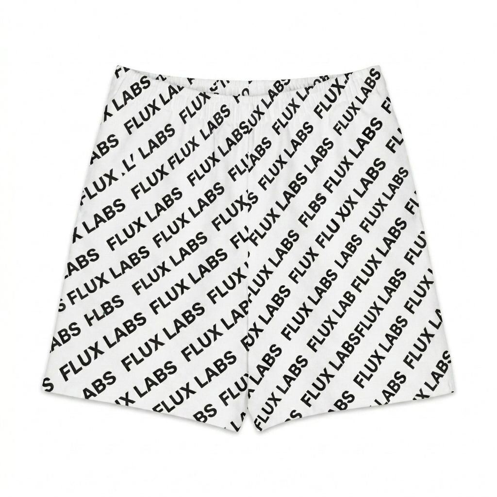 Custom All-Over Print Long Shorts design direction 1: Abstract Geometric Flow featuring the FLUX LABS wordmark