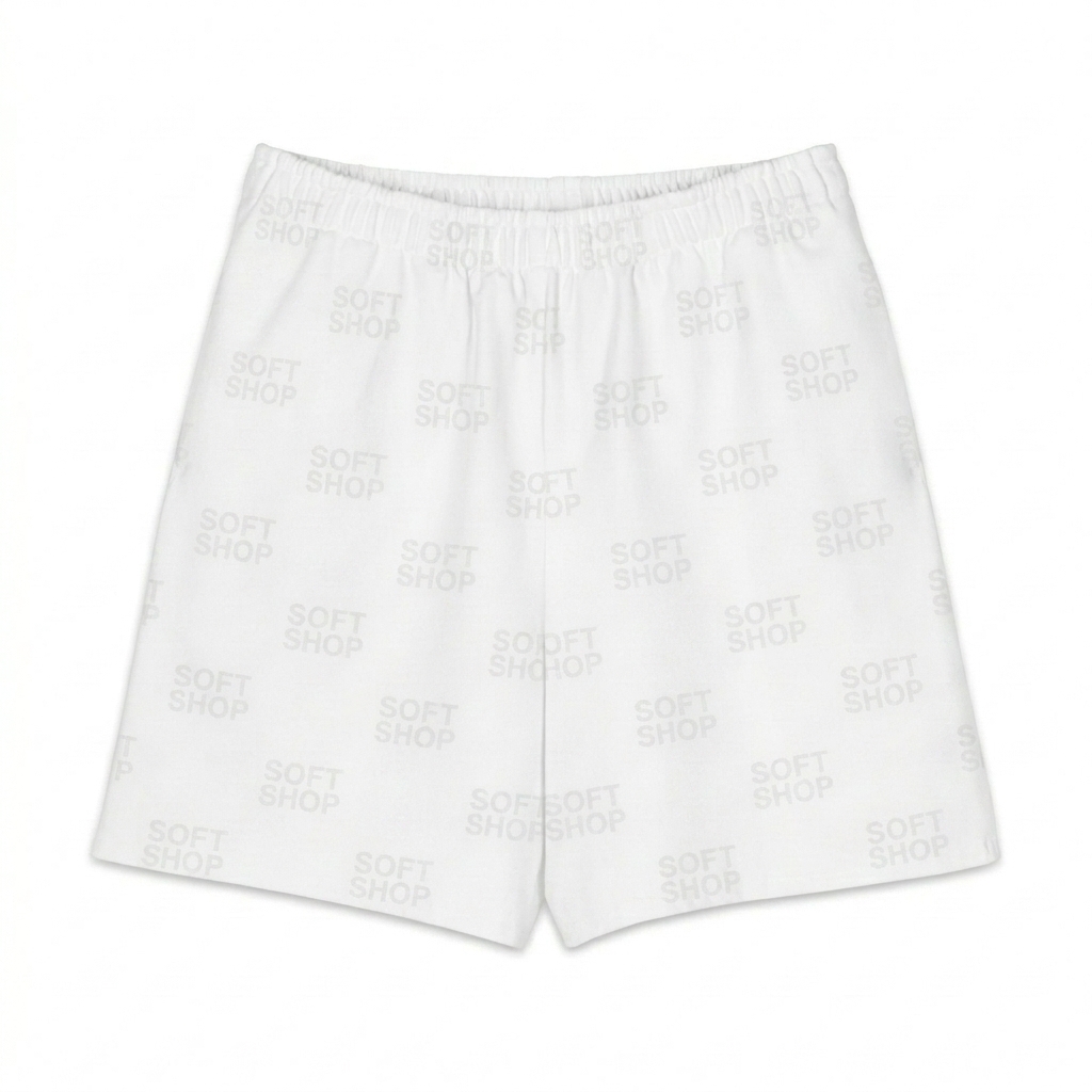 Custom All-Over Print Long Shorts design direction 2: Tonal Minimal Wordmark featuring the SOFT SHOP wordmark
