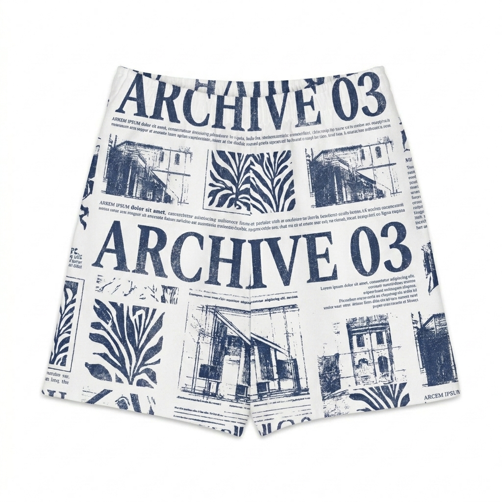 Custom All-Over Print Long Shorts design direction 3: Retro Collegiate Emblem featuring the ARCHIVE 03 wordmark