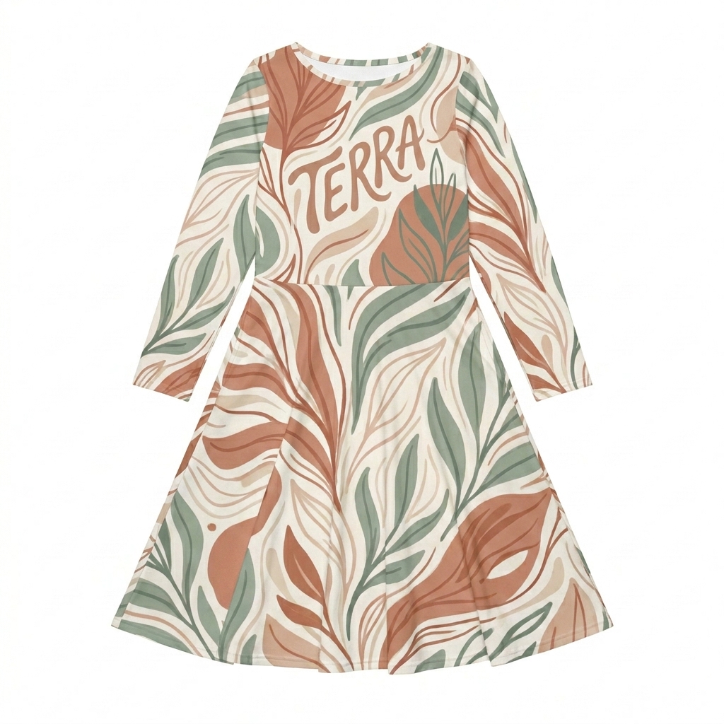 Custom All-Over Print Long Sleeve Midi Dress design direction 1: Abstract Botanical featuring the TERRA wordmark