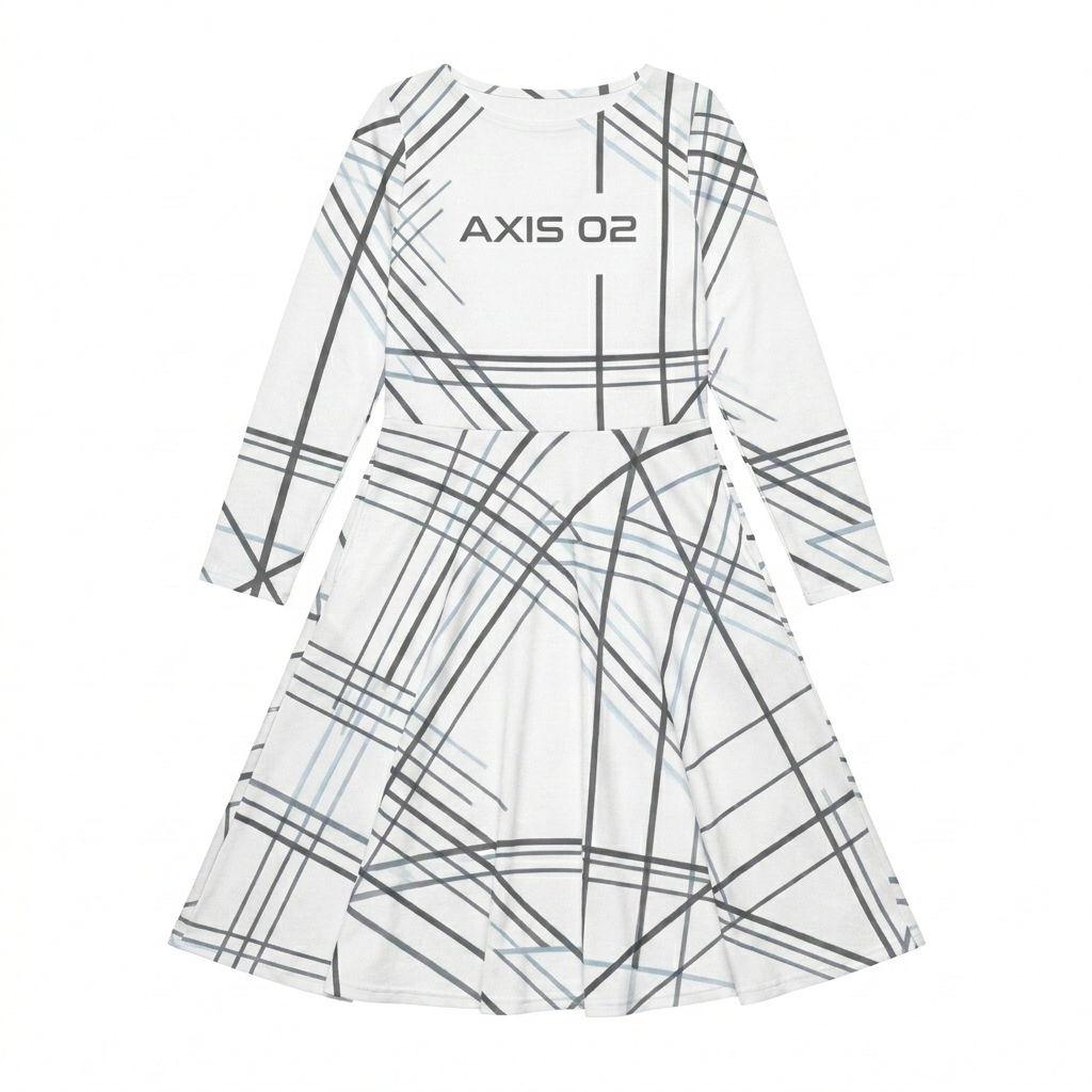 Custom All-Over Print Long Sleeve Midi Dress design direction 2: Deconstructed Grid featuring the AXIS 02 wordmark