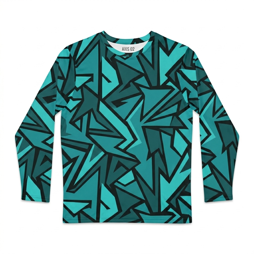 Custom All-Over Print Long Sleeve Shirt design direction 1: Abstract Geometric Pattern featuring the AXIS 02 wordmark