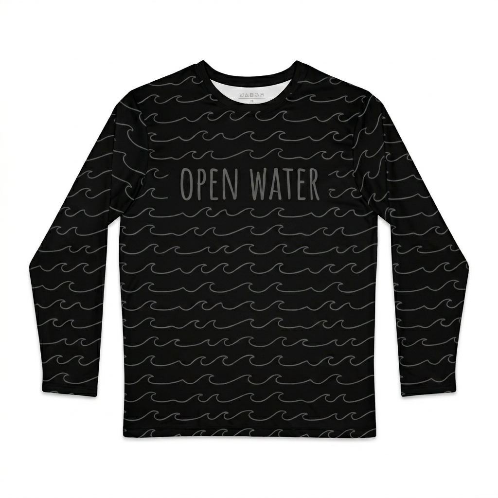 Custom All-Over Print Long Sleeve Shirt design direction 3: Minimal Line Art Repeat featuring the OPEN WATER wordmark